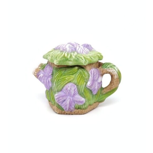 Mini Floral Teapot Purple Green Garden Ceramic With Lid Vintage - Picture 1 of 8